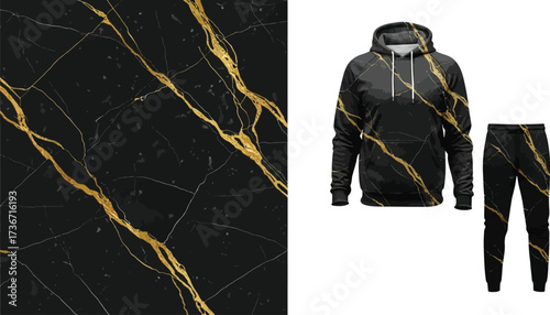 Black marble pattern with gold veins alongside a hoodie and sweatpants with the same design