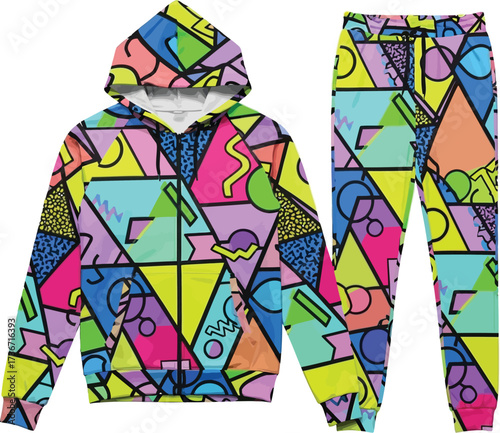 A colorful patterned hoodie and matching pants set against a white background for fashion apparel