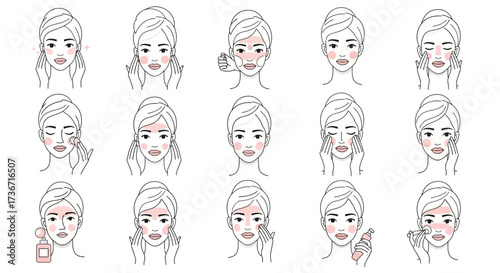 Illustrations depicting various skincare routines and facial treatments for healthy glowing skin
