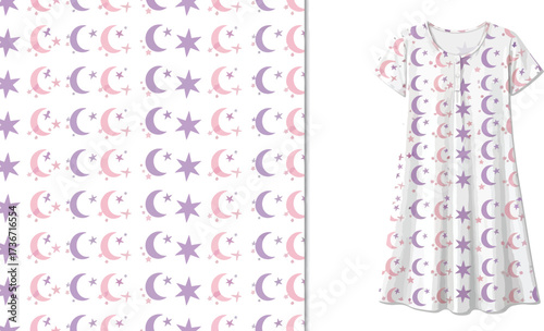 A white dress with a pattern of crescent moons and stars next to a fabric swatch of the same pattern