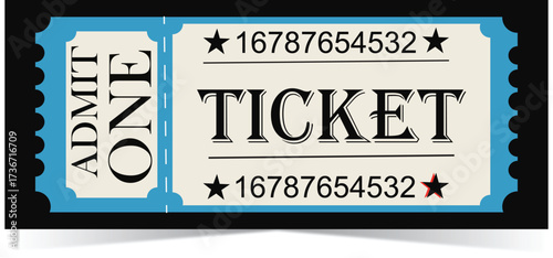 Vintage admit one ticket with stars and barcode isolated on white background
