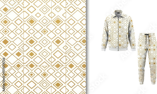 Patterned tracksuit and fabric swatch featuring a diamond design in gold and white color scheme