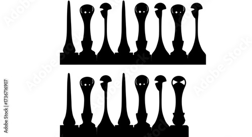 Collection of Black Silhouettes of Different Tool Handles Against a White Background in a Row