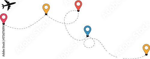 Travel route planner with airplane and destination pin points for journey and vacation planning