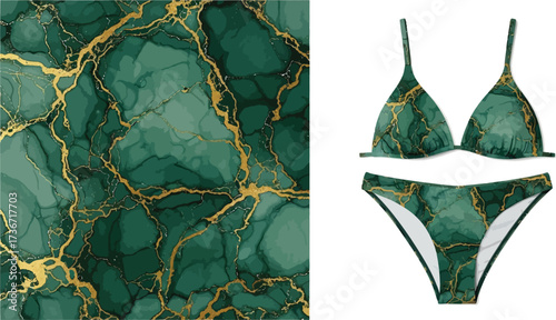 A green and gold marble pattern alongside a matching bikini set on a white background view from above