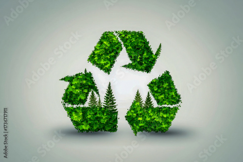 Creative representation of the recycling symbol made from vibrant green leaves and small trees, promoting environmental awareness and sustainability