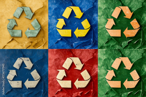 Two rows of six colorful recycling symbols on various textured backgrounds represent eco-friendly concepts and promote sustainability efforts