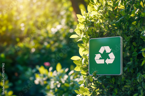 A recycling symbol is mounted on a green background among lush greenery in a park, highlighting eco-friendly practices