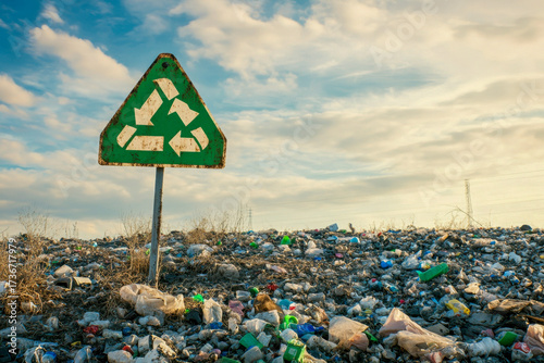 A recycling sign is prominently displayed in front of a large mound of trash at a landfill site during a late afternoon sky filled with clouds