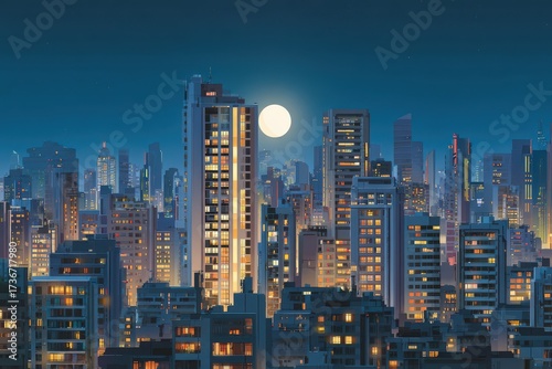 Wallpaper Mural Moonlit Urban Landscape: Illustrated Cityscape at Night with Modern Architecture and Vibrant Downtown Vibes Torontodigital.ca
