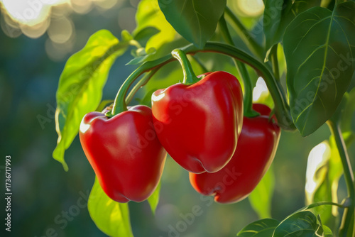 Bright red bell peppers hang from a lush green plant, basking in warm sunlight in a garden during the summer season