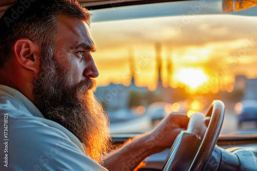 A man with a full beard is focused on driving as the sun sets behind the city skyline, casting a warm glow on the scene