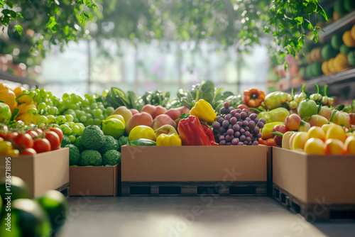 Fresh fruits and vegetables are neatly arranged in wooden boxes at a market, filled with colors and textures under natural light