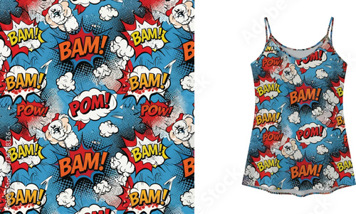 A comic book style pattern with bam pow and pom on a blue background and a tank top with the same pattern