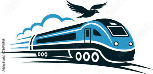 Find train logo vector illustration high speed train design with bird and cloud graphic art