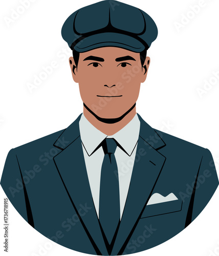 Portrait of man in suit and cap vector illustration stylish fashion formal wear handsome face