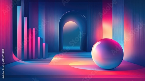 Fototapeta Naklejka Na Ścianę i Meble -  Abstract Geometric Composition with Sphere, Arches, and Vibrant Neon Lighting