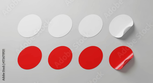Blank Round Circle Stickers on a Light Gray Background with a Subtle Shadow and One Peeling Sticker to Showcase its Adhesive Nature