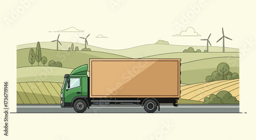 Eco friendly truck transport with renewable energy windmills in the background depicting green logistics and sustainable shipping solutions