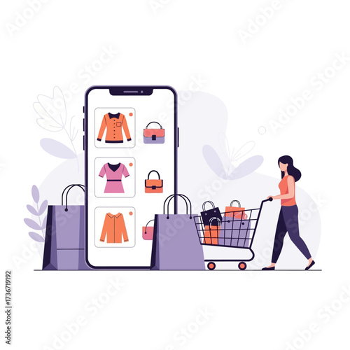 Woman pushing shopping cart full of bags and products towards a smartphone displaying fashion items symbolizing online shopping and e-commerce convenience