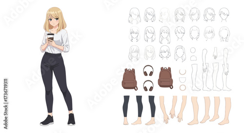 Character Design Sheet Showcasing a Young Woman with Various Styling Options and Accessories