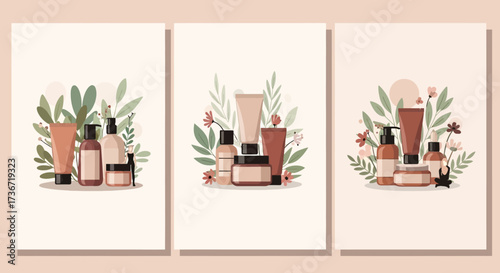 An Elegant Arrangement of Skincare Products Amidst Botanical Elements and Soft Pastels