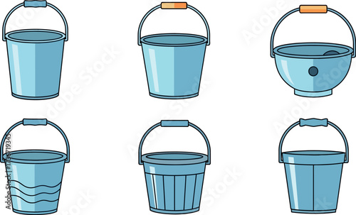 Collection of blue buckets vector illustration for gardening cleaning and household needs