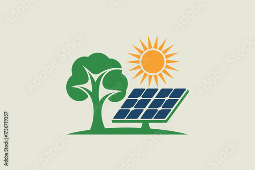 Solar panel energy with tree and sun illustration for renewable energy and green technology