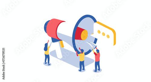 People raising hands and reaching towards a giant megaphone symbolizing announcement and communication in a business marketing context