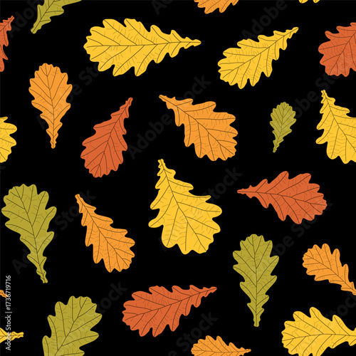 Abstract botanical pattern. Seamless print composed of green, yellow, red, orange silhouette of leaves of oak on black background. Botanical colorful background.