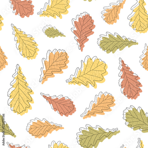 Abstract botanical pattern. Seamless print composed of red, green, yellow, orange silhouette of leaves of oak with black line vein on white background. Botanical colorful background.