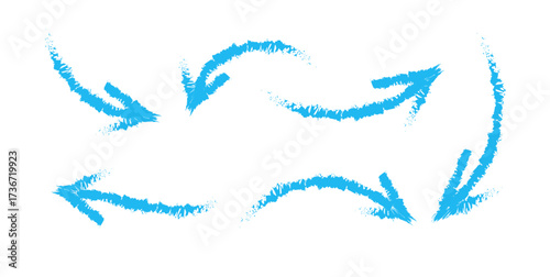 Dynamic curved brush stroke arrows in vibrant blue vector for abstract, artistic, and hand drawn directional elements