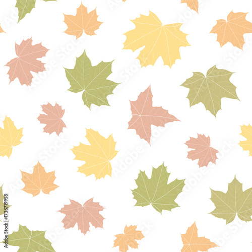 Abstract botanical pattern. Seamless print composed of green, yellow, red, orange silhouette of leaves of maple on white background. Botanical colorful background.