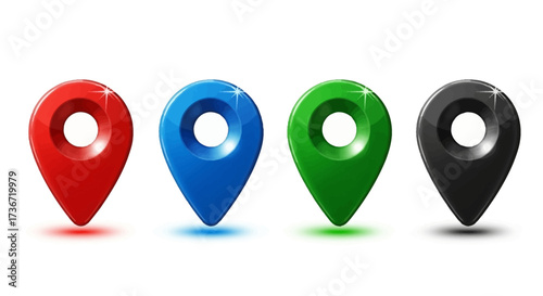Four Colorful Location Pointers Indicating Different Geographical Points of Interest in a Clean White Background Environment