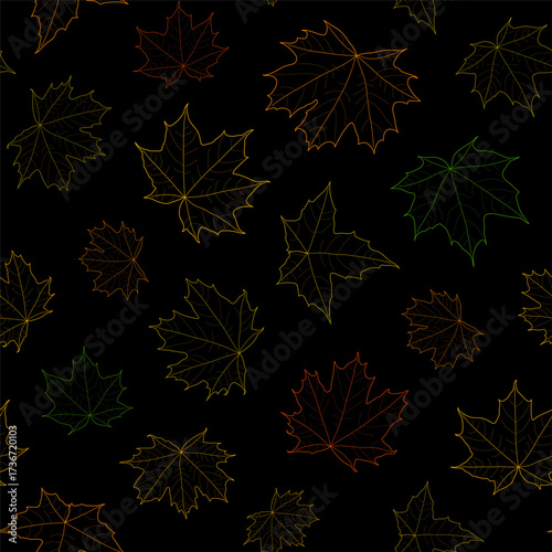Abstract botanical pattern. Seamless print composed of green, red, yellow, orange line leaves of maple on black background. Botanical colorful background.