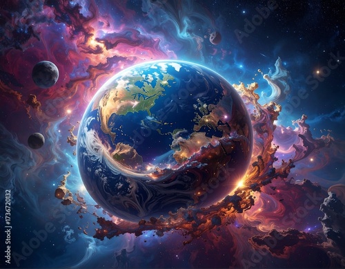 A vibrant, cosmic depiction of Earth enveloped by swirling nebulae and celestial bodies, showcasing a breathtaking display of colors and textures in deep space.
