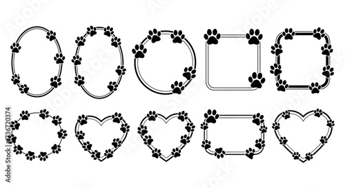 Collection of Decorative Frames Featuring Paw Print Designs for Various Applications Such as Scrapbooking or Invitations