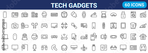 Tech Gadgets web line icons. Phone, tablet, laptop, startup, tv, drone, robot, game controller, vr, headphones, projector, collection. Vector illustration.
