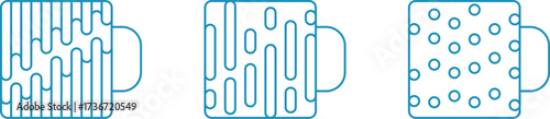 Hot drink cups. Mugs with liquid drinks, thin outline icons