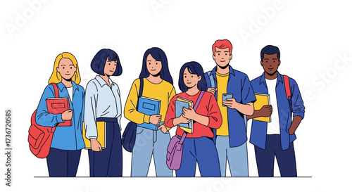 Diverse Group of Young Students Standing Together Ready for Education and Learning Adventures