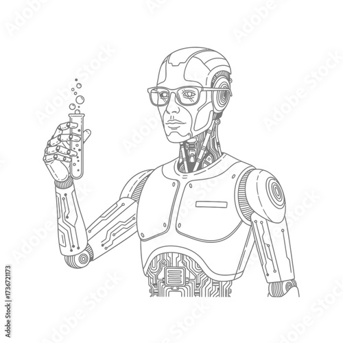 Modern AI robot scientist with glasses carefully examining a bubbling test tube, embodying future technology and scientific discovery.