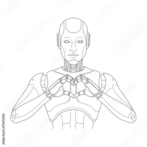 Advanced humanoid robot creating a heart gesture with its hands, showcasing future technology and compassionate AI.