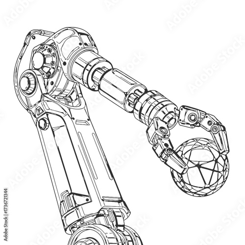 Dynamic robotic arm expertly holds a detailed wireframe globe, embodying cutting-edge automation and global technology.
