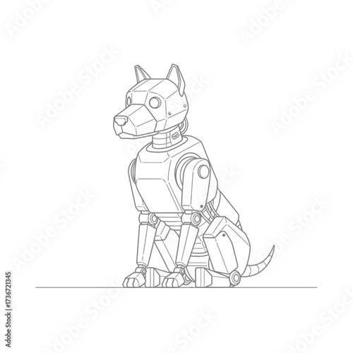 Professional line art robot dog sitting, conveying futuristic technology, artificial intelligence, and digital companionship.