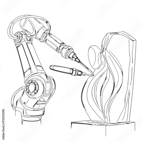 Modern robotic arm precisely carves an elegant abstract sculpture, showcasing advanced automation and digital craftsmanship