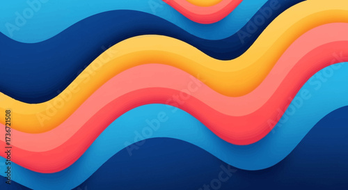 Vibrant Abstract Waves of Blue Yellow and Coral Creating a Dynamic Fluid Motion Background Design