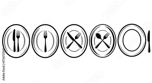 A Collection of Round Plates with Various Utensils and Cutlery Arrangements Showing Different Dining Setups and Meal Courses