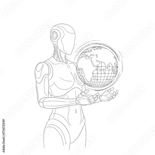 Sleek robot gracefully cradles the Earth, symbolizing advanced global technology, future connectivity, and AI innovation.