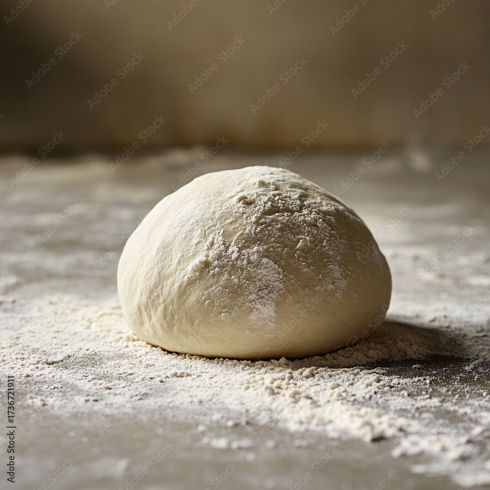 Obraz premium Fresh dough resting on flour-covered surface in kitchen environment 