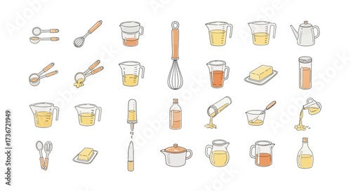 A Charming Collection of Hand-Drawn Kitchen Utensils and Measuring Tools Perfect for Culinary Inspiration